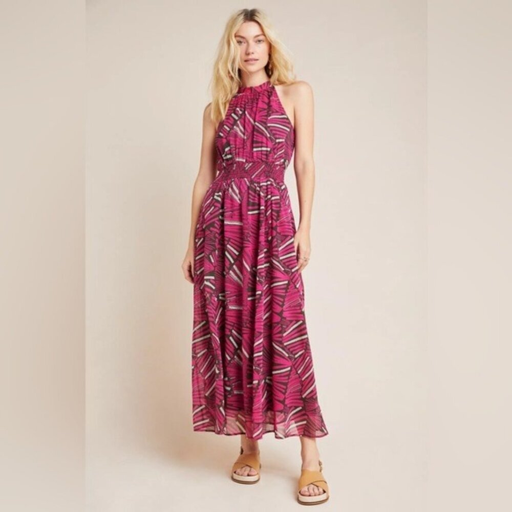 Anthropologie Maeve Kelli Halter Maxi Dress MEDIUM Magenta Tropical Leaves